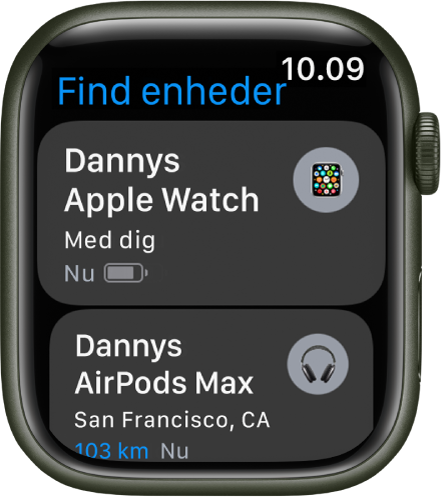 Appen Find enheder viser to enheder – et Apple Watch og AirPods.