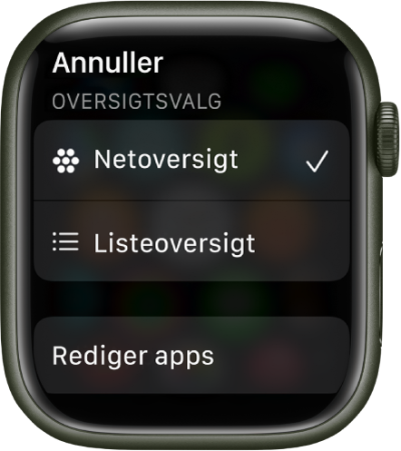 Skærmbilledet Oversigtsvalg, der viser knapperne Netoversigt og Listeoversigt. Knappen Rediger apps vises nederst på skærmen.