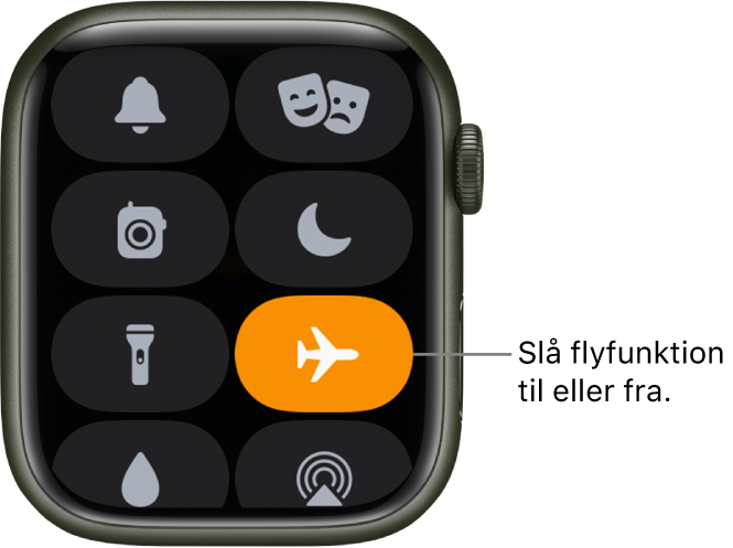 Kontrolcenter med knappen Flyfunktion markeret viser, at flyfunktionen er slået til.