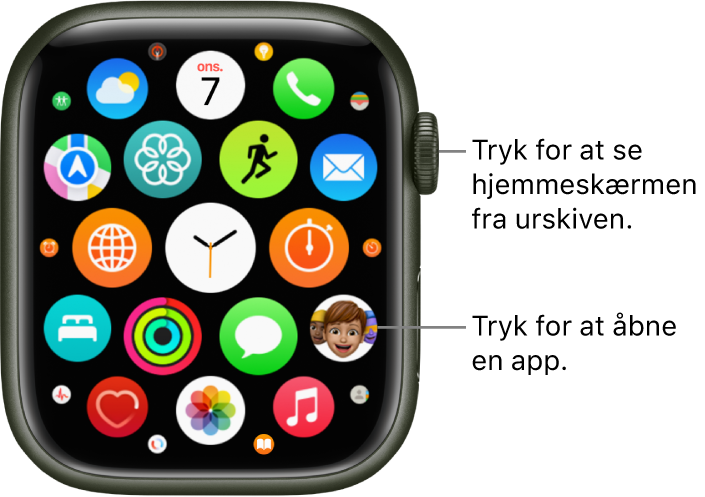 Hjemmeskærm i netoversigt på Apple Watch med apps i en klynge. Tryk på en app for at åbne den. Træk for at se flere apps.