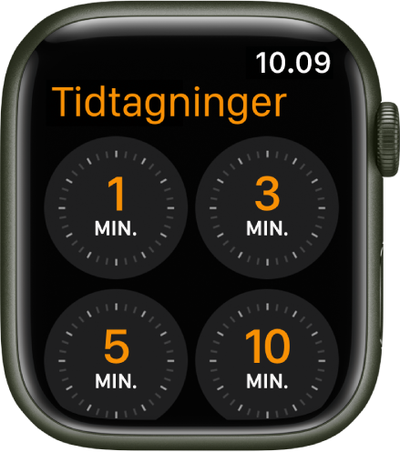 Skærm med appen Tidtagning, der viser hurtige tidtagninger på 1, 3, 5 eller 10 minutter.