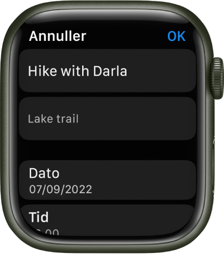 Skærmen Rediger i appen Påmindelser på Apple Watch. Navnet på påmindelsen står øverst med en beskrivelse nedenunder. Nederst vises datoen og tidspunktet, hvor det er planlagt, at påmindelsen skal vises. Knappen OK findes øverst til højre.