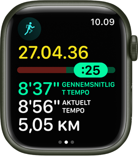 Appen Træning på Apple Watch viser analyse af tempo i træningen Løb udenfor. Øverst ses løbets varighed. Nedenunder er der et mærke, som angiver, hvor meget du er foran eller bagud i forhold til dit tempo. Gennemsnitstempo, aktuelt tempo og distance vises nedenunder.