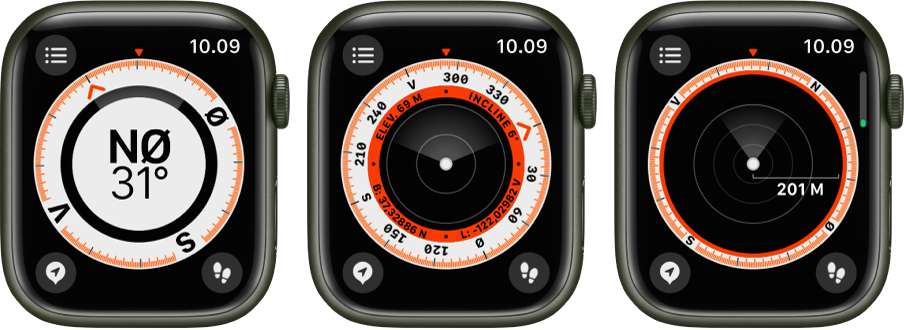 Appen Kompas, der viser de visninger, som bliver vist, når du drejer på Digital Crown. Det første billede viser din retning. Den anden skærm viser højde over havet, stigning og koordinater i den inderste ring. Den tredje skærm viser rutepunkter. Hver skærm viser knappen Oplysninger øverst til venstre, knappen Rutepunkter nederst til venstre og knappen Find tilbage nederst til højre.