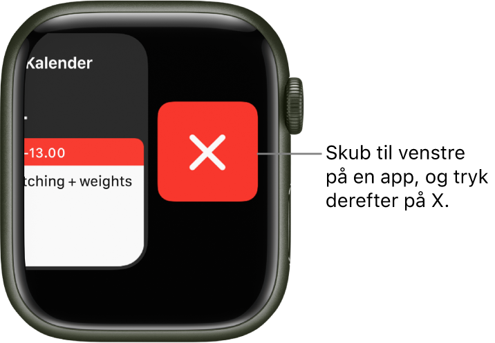 Dock, efter at du har skubbet til venstre på en app, med knappen X til højre.