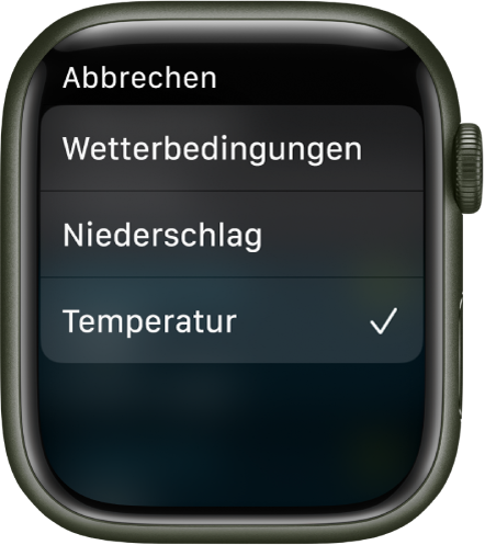 Die App „Wetter“ mit drei Optionen – „Wetterbedingungen“, „Niederschlag“ und „Temperatur“.