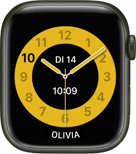 Das Zifferblatt „Schulzeit“ mit einer analogen Uhr und dem Datum und der digitalen Uhrzeit etwa in der Mitte. Der Name der Person, die die Watch verwendet, wird unten angezeigt.
