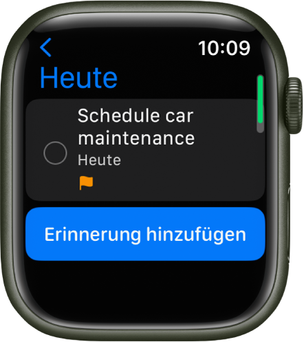 Die App „Erinnerungen“ mit einer Erinnerung in der Liste „Heute“. Die Erinnerung befindet sich oben auf dem Display und die Taste „Erinnerung hinzufügen“ befindet sich darunter.