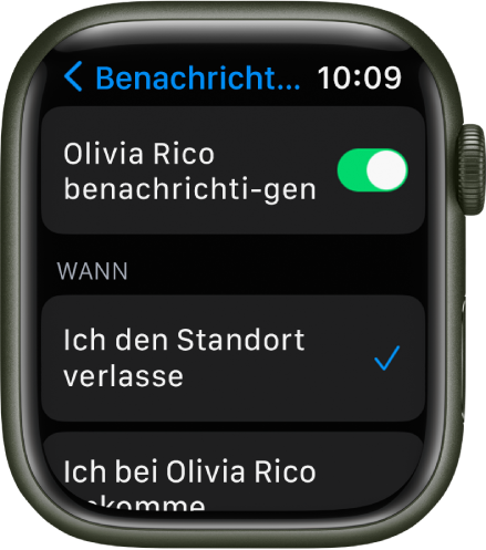 Die Anzeige „Mitteilung“ in der App „Personen suchen“. „Wenn ich den Standort verlasse“ ist ausgewählt.