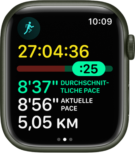 Die App „Training“ auf der Apple Watch mit einer Pace-Analyse in einem Outdoor-Lauftraining. Oben wird die Dauer des Laufs angezeigt. Darunter befindet sich ein Regler, der anzeigt, wie weit du über oder unter deiner Pace liegst. Darunter sind die mittlere Pace, die aktuelle Pace und die zurückgelegte Strecke zu sehen.