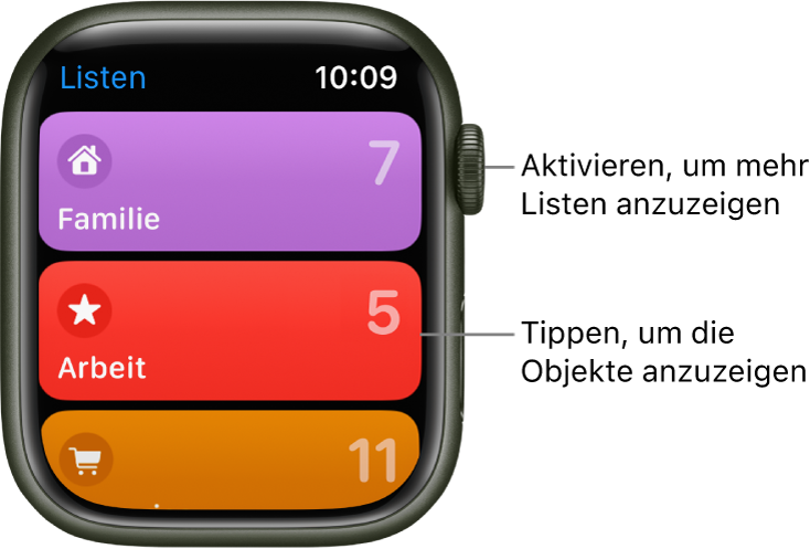 Die Anzeige „Listen“ in der App „Erinnerungen“ mit drei Listentasten – „Familie“, „Arbeit“ und „Shopping“. Die Zahlen auf der rechten Seite zeigen, wie viele Erinnerungen jede Liste enthält. Tippe auf eine Liste, um die darin enthaltenen Objekte anzuzeigen, oder drehe die Digital Crown, um weitere Listen anzuzeigen.