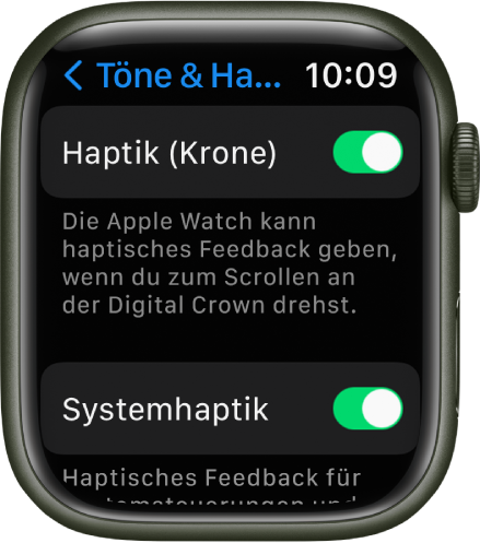 Die Anzeige „Haptik (Krone)“ mit aktiviertem Schalter „Haptik (Krone)“. Darunter befindet sich der Schalter „Systemhaptik“.