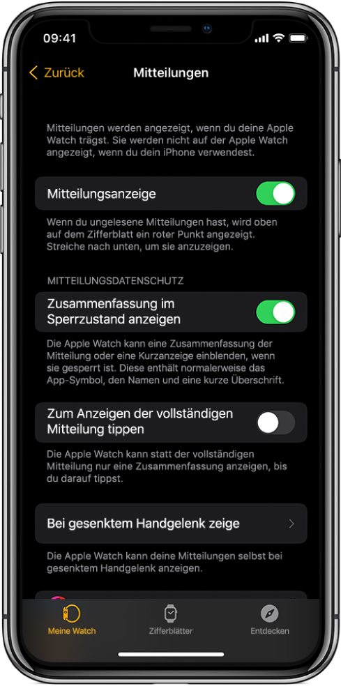 Die Anzeige „Mitteilungen“ in der Apple Watch-App auf dem iPhone mit verschiedenen Quellen für Mitteilungen.