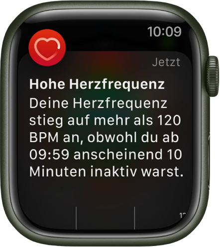 Ein Warnbildschirm der App „Herzfrequenz“ mit dem Hinweis, dass eine zu hohe Herzfrequenz festgestellt wurde.