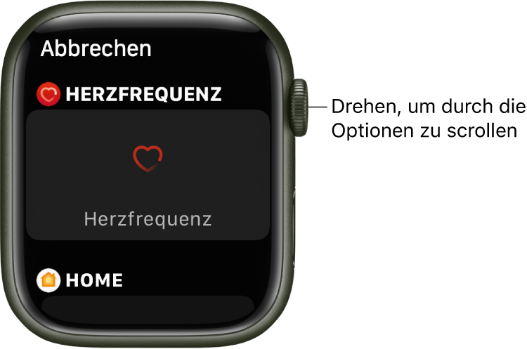 Die Anzeige zum Anpassen eines Zifferblatts mit hervorgehobener Komplikation „Herzfrequenz“. Drehe die Digital Crown, um dir die Komplikationen anzusehen.