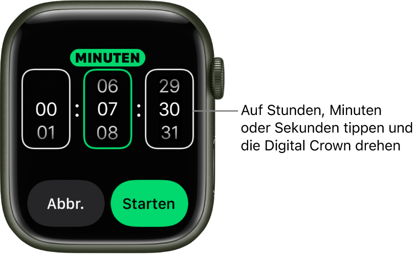 Einstellungen zum Stellen eines eigenen Timers mit den Stunden links, den Minuten in der Mitte und den Sekunden rechts. Darunter befinden sich die Tasten „Start“ und „Abbrechen“.
