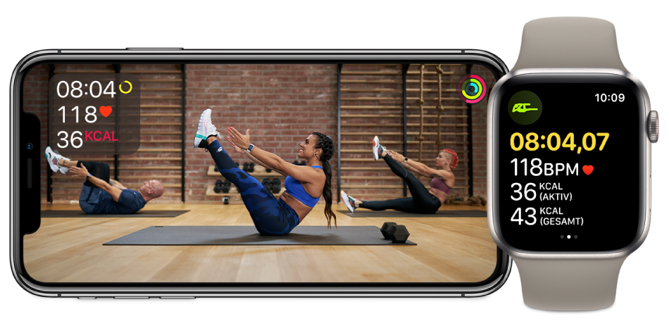 Core-Training von Fitness+ auf dem iPhone und der Apple Watch mit einer Anzeige der verbleibenden Zeit, der Herzfrequenz und des Kalorienverbrauchs.