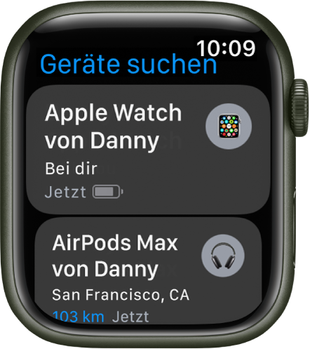 Die App „Geräte suchen“ mit zwei Einträgen – mit einem für die Apple Watch und einem für die AirPods.