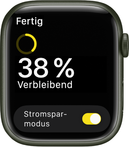 Die Anzeige für den Stromsparmodus mit einem teilweise gefüllten gelben Ring, der die Restladung zeigt, sowie dem Text „Noch 38 % Batterieladung“. Unten ist die Taste „Stromsparmodus“ zu sehen.