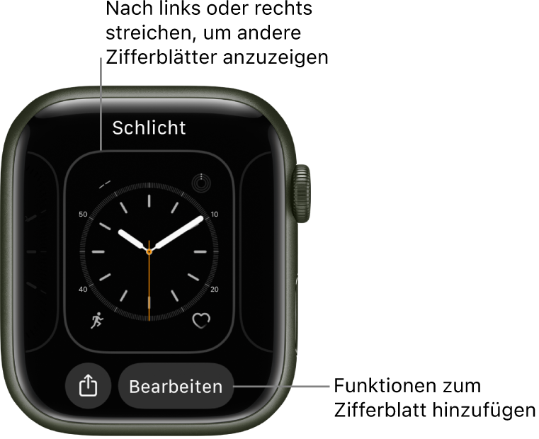 Wenn du den Finger auf das Zifferblatt legst, wird das aktuelle Zifferblatt mit den Tasten „Teilen“ und „Bearbeiten“ angezeigt. Der Name des Zifferblatts befindet sich oben. Streiche nach links oder rechts, um andere Zifferblattoptionen anzuzeigen. Tippe auf eine Komplikation, um die gewünschten Funktionen hinzuzufügen.