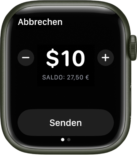 Eine Anzeige in der App „Nachrichten“ zur Vorbereitung der Zahlung mit Apple Cash. Oben befindet sich ein Dollarbetrag. Darunter steht das aktuelle Guthaben und unten befindet sich die Taste „Senden“.