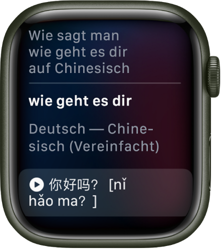 Die Siri-Anzeige mit dem Satz „Wie sagt man ,Wie geht es dir?‘ auf Chinesisch?“ Darunter befindet sich die englische Übersetzung.