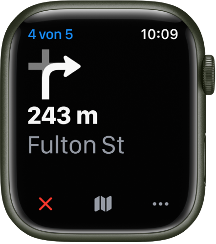 Die App „Karten“ mit einer detaillierten Wegbeschreibung. Ein Pfeil zeigt, in welche Richtung du abbiegen musst, die Entfernung bis zu dieser Abbiegung und den Namen der Straße, an der du abbiegen musst. Unten befinden sich die Tasten „Beenden“, „Karte“ und „Mehr“.