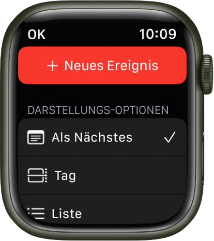 Die App „Kalender“ – oben ist die Taste „Neues Ereignis“ zu sehen. Darunter befinden sich drei Anzeigeoptionen: „Als Nächstes“, „Tag“ und „Liste“.