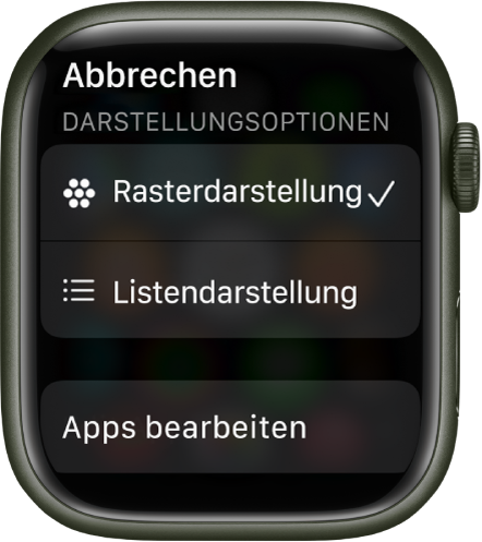 Die Darstellungsoptionen mit den Tasten „Rasterdarstellung“ und „Listendarstellung“. Unten befindet sich die Taste „Apps bearbeiten“.