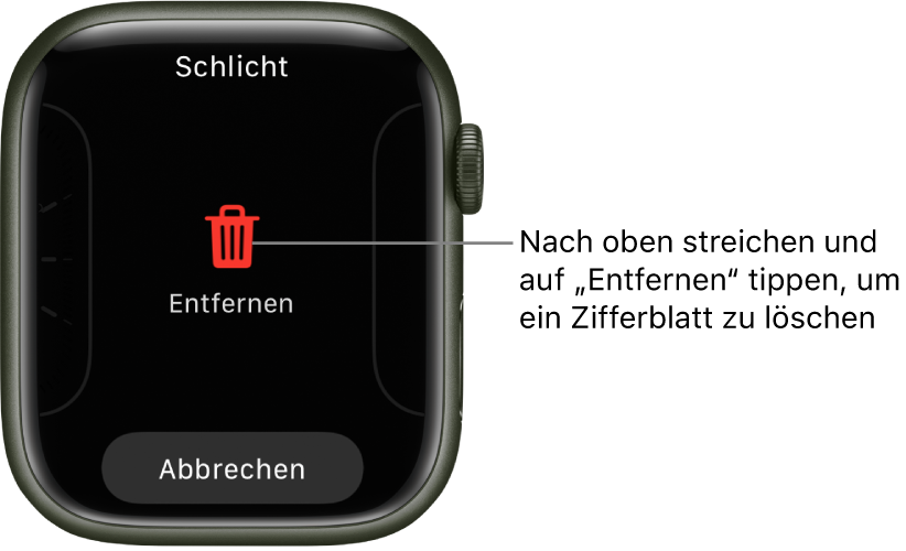 Display der Apple Watch mit den Tasten „Entfernen“ und „Abbrechen“, die angezeigt werden, wenn du zu einem Zifferblatt streichst und auf diesem nach oben streichst, um es zu löschen.