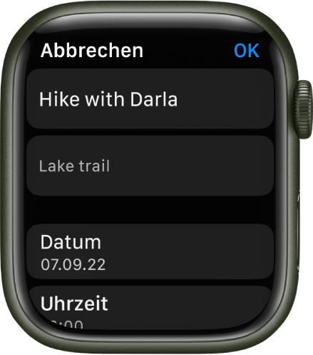 Die Anzeige zum Bearbeiten in der App „Erinnerungen“ auf der Apple Watch. Oben befindet sich der Name der Erinnerung, darunter eine Beschreibung. Unten sind Datum und Uhrzeit für die geplante Anzeige der Erinnerung zu sehen. Oben rechts befindet sich die Taste „Fertig“.