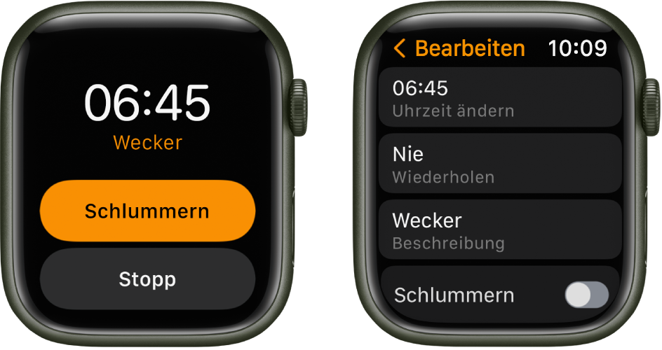 Zwei Ansichten der Apple Watch: Eine Uhr zeigt ein Zifferblatt mit den Tasten „Schlummern“ und „Stopp“, die andere Einstellungen für „Wecker bearbeiten“ und darunter die Tasten „Uhrzeit ändern“, „Wiederholen“ und „Etikett“. Die Option „Schlummern“ befindet sich unten. Die Option „Schlummern“ ist deaktiviert.