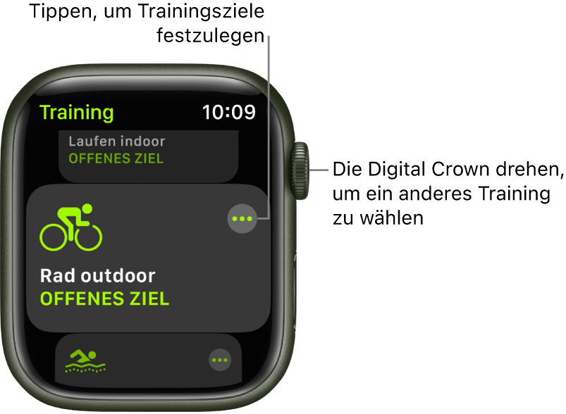 Die App „Training“ mit hervorgehobenem Training „Rad outdoor“. Die Taste „Mehr“ befindet sich oben rechts in der Trainingskachel. Darüber ist ein Teil des Indoor-Lauftrainings zu sehen. Darunter ist ein Teil des Outdoor-Schwimmtrainings zu sehen.