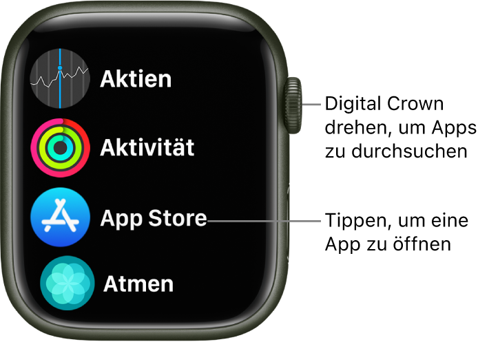 Home-Bildschirm in der Listendarstellung auf der Apple Watch mit Apps in einer Liste. Tippe auf eine App, um sie zu öffnen. Scrolle, um mehr Apps anzuzeigen.