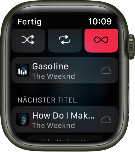 Das Fenster mit der Titelliste. Oben sind die Tasten „Zufällig“, „Wiederholen“ und „Autoplay“ zu sehen. Direkt darunter befindet sich ein Musiktitel. Unten auf dem Display ist unter „Nächster Titel“ ein weiterer Musiktitel zu sehen. Oben links befindet sich die Taste „Fertig“.