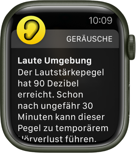 Apple Watch, auf der eine Geräuschpegelwarnung zu sehen ist. Das Symbol für die App, zu der die Mitteilung gehört, wird oben links angezeigt. Du kannst darauf tippen, um sie in der App zu öffnen.