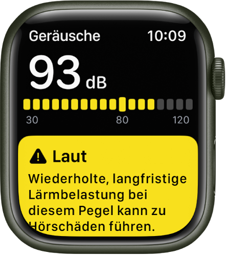 Ein Hinweis der App „Geräusche“ auf einen Lautstärkepegel von 93 Dezibel. Darunter wird eine Warnung angezeigt, die auf die Folgen hinweist, wenn du diesem Geräuschpegel über längere Zeit ausgesetzt bist.