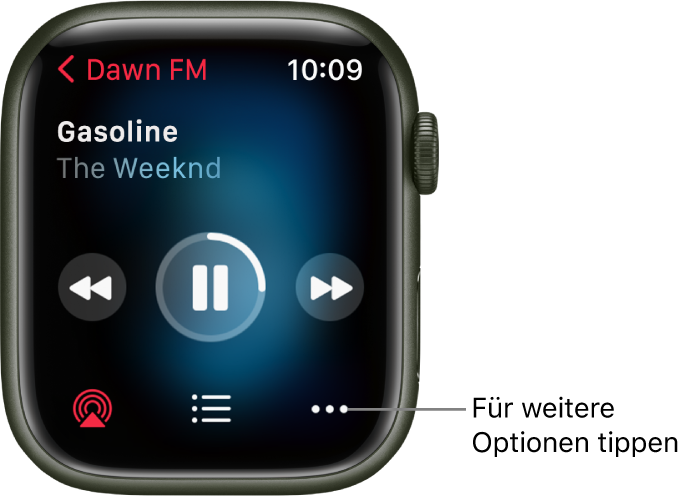 Die Anzeige „Jetzt läuft“ in der App „Musik“. Oben links ist der Albumtitel zu sehen. Darunter befinden sich der Songtitel und der Künstlername. In der Mitte sind Steuerelemente für die Wiedergabe wie „Letzter Titel“, „Wiedergabe/Pause“ und „Nächster Titel“. Unten befinden sich die Tasten „AirPlay“, „Titelliste“ und „Mehr“.