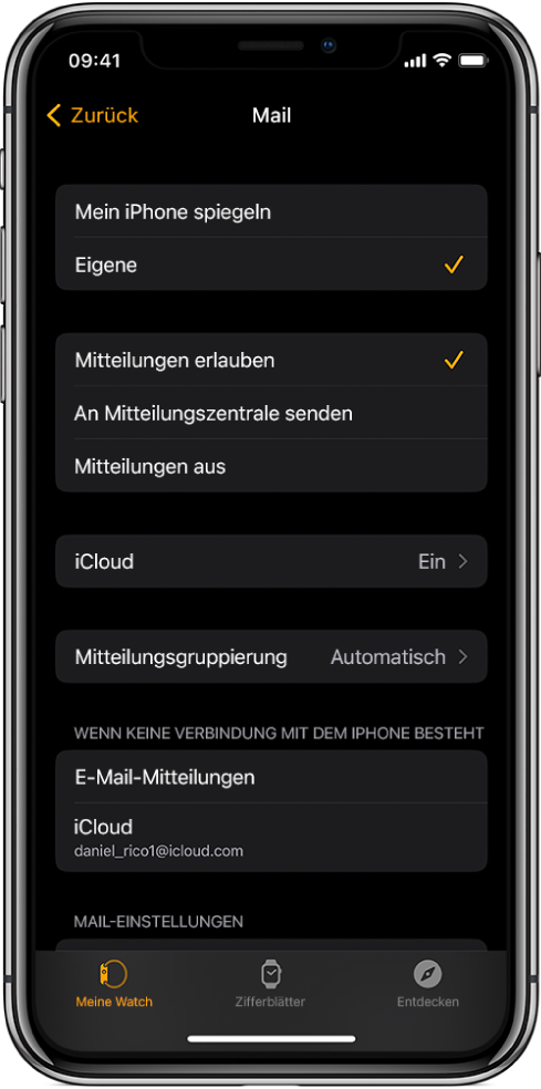 Die Einstellungen für die App „Mail“ in der Apple Watch-App mit Einstellungen für Mitteilungen und E-Mail-Accounts.