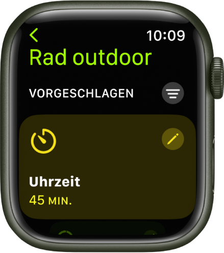 Die App „Training“ mit einer Anzeige zum Anpassen des Trainings „Rad outdoor“. Die Kachel „Zeit“ wird in der Mitte angezeigt. Oben rechts befindet sich die Taste „Bearbeiten“. Die aktuelle Zeit ist auf 45 Minuten eingestellt.