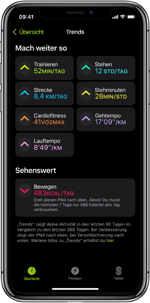 Der Tab „Trends“ in der App „Aktivität“ auf dem iPhone. Unter der Überschrift „Trends“ wird oben auf dem Display eine Reihe von Messwerten angezeigt. Zu den Messwerten gehören unter anderem „Trainieren“, „Stehen“ und „Strecke“. Unter der Überschrift „Sehenswert“ wird „Bewegen“ angezeigt.