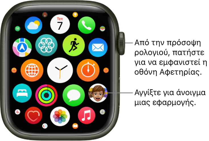 Η οθόνη Αφετηρίας σε προβολή πλέγματος στο Apple Watch, με εφαρμογές σε συστάδα. Αγγίξτε μια εφαρμογή για να την ανοίξετε. Σύρετε για να δείτε περισσότερες εφαρμογές.