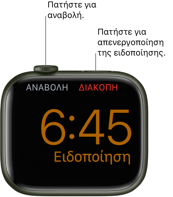 Ένα Apple Watch τοποθετημένο στο πλάι, με την οθόνη να εμφανίζει ένα ξυπνητήρι που έχει χτυπήσει. Κάτω από το Digital Crown εμφανίζεται η λέξη «Αναβολή». Η λέξη «Διακοπή» εμφανίζεται κάτω από το πλευρικό κουμπί.