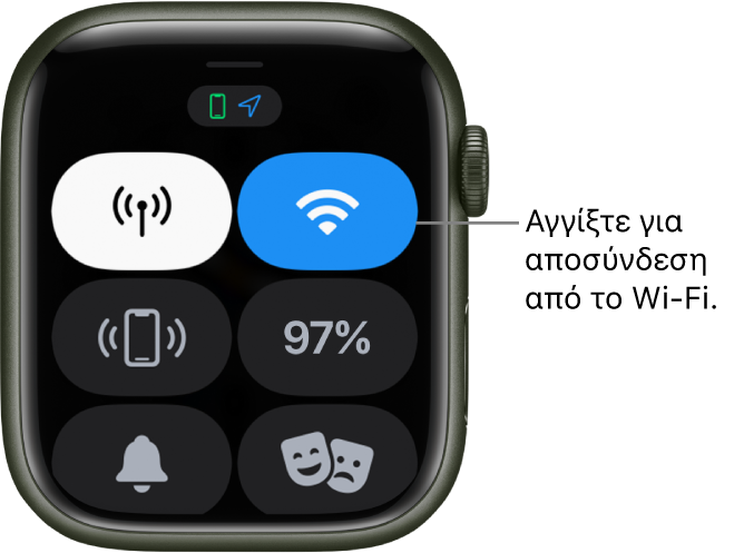 Το Κέντρο ελέγχου στο Apple Watch (GPS + Cellular) με το κουμπί Wi-Fi πάνω δεξιά. Η επεξήγηση γράφει «Αγγίξτε για αποσύνδεση από το Wi-Fi».
