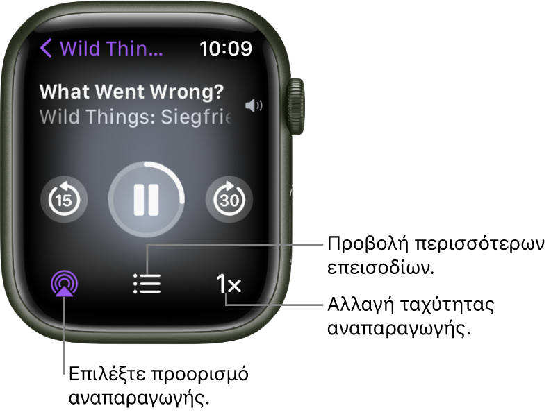 Οθόνη «Παίζει τώρα» στο Podcasts όπου φαίνονται ο τίτλος εκπομπής, ο τίτλος επεισοδίου, το κουμπί μετάβασης πίσω κατά 15 δευτερόλεπτα, το κουμπί παύσης, το κουμπί μετάβασης μπροστά κατά 30 δευτερόλεπτα, το κουμπί AirPlay, το κουμπί επεισοδίων και το κουμπί ταχύτητας αναπαραγωγής.