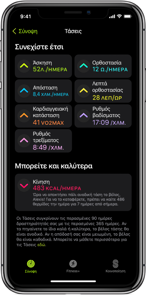 Η καρτέλα «Τάσεις» στην εφαρμογή «Άθληση» στο iPhone. Ένας αριθμός μετρήσεων εμφανίζονται κάτω από την επικεφαλίδα «Τάσεις» κοντά στο πάνω μέρος της οθόνης. Οι μετρήσεις περιλαμβάνουν την «Άσκηση», την «Ορθοστασία», την «Απόσταση», και άλλες. Η Μετακίνηση εμφανίζεται κάτω από την επικεφαλίδα «Αξίζει να δείτε».