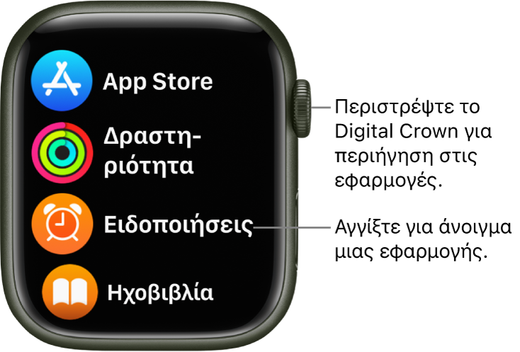 Η οθόνη Αφετηρίας σε προβολή λίστας στο Apple Watch, με εφαρμογές σε λίστα. Αγγίξτε μια εφαρμογή για να την ανοίξετε. Κάντε κύλιση για να δείτε περισσότερες εφαρμογές.