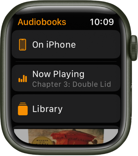 Apple Watch showing the Audiobooks screen with the On iPhone button at the top, the Now Playing and Library buttons below, and a portion of an audiobook’s cover art at the bottom.