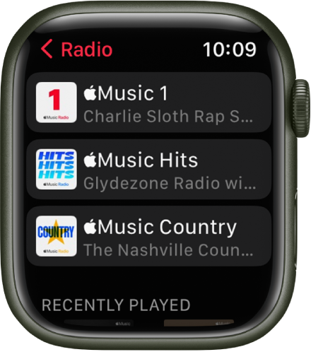 The Radio screen showing three Apple Music stations.