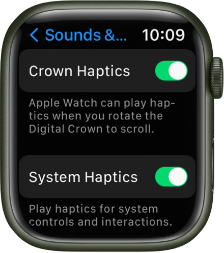 The Crown Haptics screen, showing the Crown Haptics switch turned on. The System Haptics switch is below.